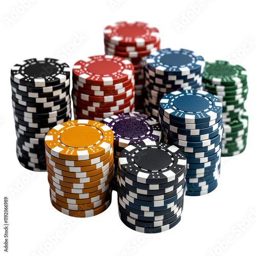 Stacks of Colorful Poker Chips Isolated on Transparent Background for Gambling and Casino Themes