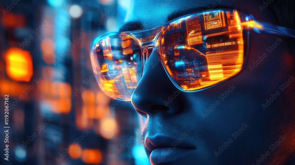 Close-up of a person wearing glasses, with multiple red and yellow data points reflecting in the lenses.