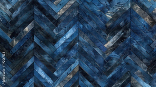 A textured blue herringbone pattern, showcasing varying shades and tones of blue wood.