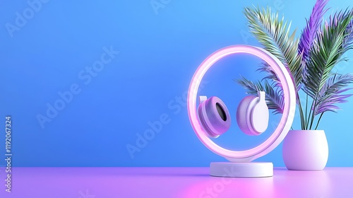Lavender headphones levitate within a glowing neon circle, next to a potted palm plant against a vibrant blue background.