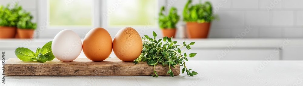 Fresh eggs on a wooden board, surrounded by herbs, with green plants in the background, creating a vibrant kitchen scene. Fresh eggs on a wooden board, surrounded by herbs, with green plants in the background, creating a vibrant kitchen scene.