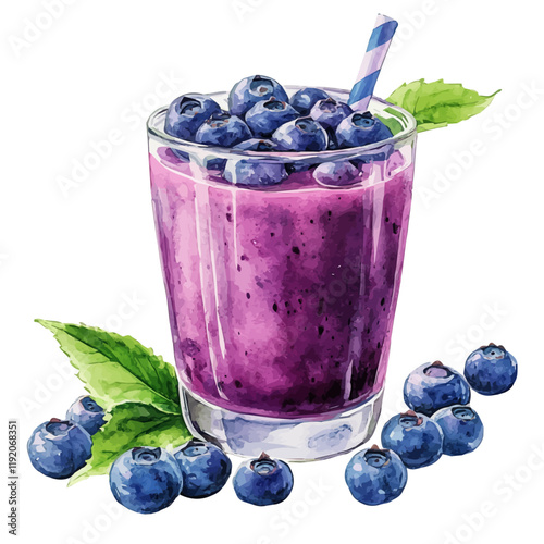 A watercolor painting of blueberry juice, isolated on a white background. Blueberry Juice vector.
