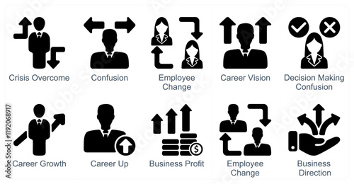 A set of 10 business icons as crisis overcome, confusion, employee change