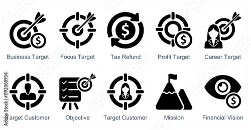 A set of 10 business icons as business target, focus target, tax refund