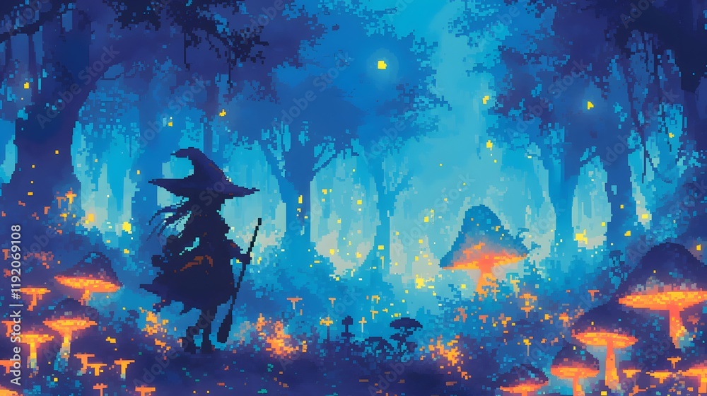 Fototapeta premium Pixel art of an enchanted forest with glowing mushrooms, creating a magical atmosphere.