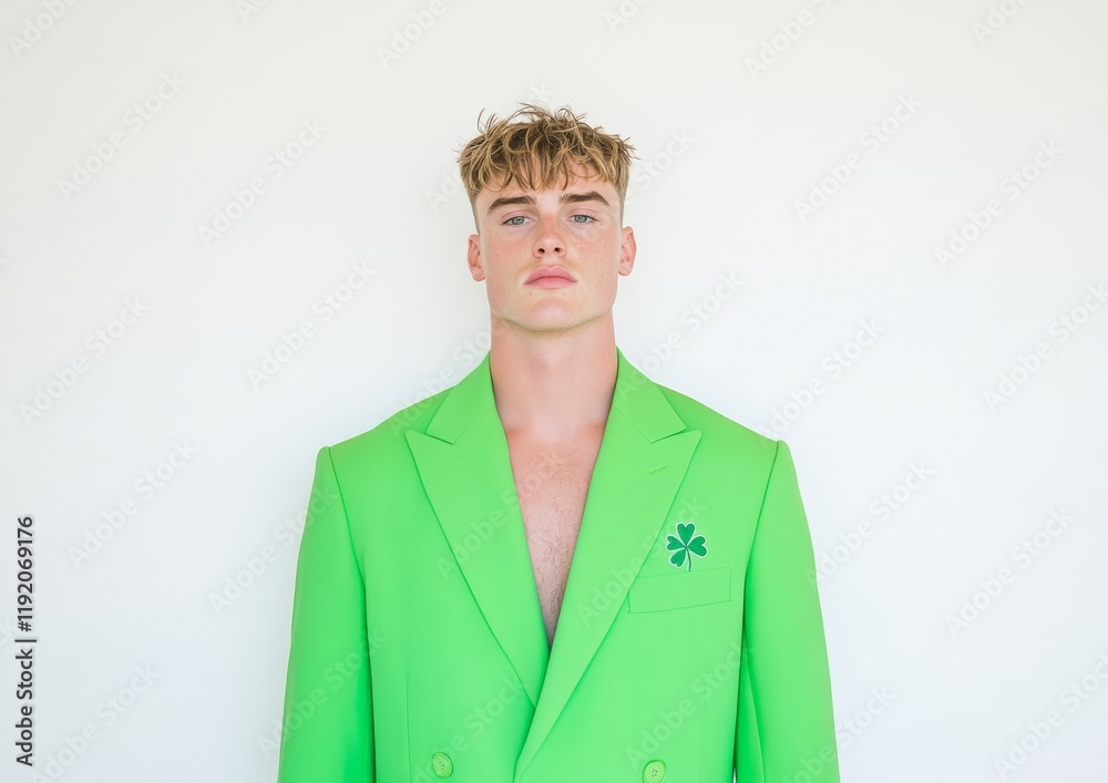 Modern Festive Portrait in Emerald Green Suit for St. Patricks Day, Christmas, and New Years Celebrations Modern Festive Portrait in Emerald Green Suit for St. Patricks Day, Christmas, and New Years Celebrations