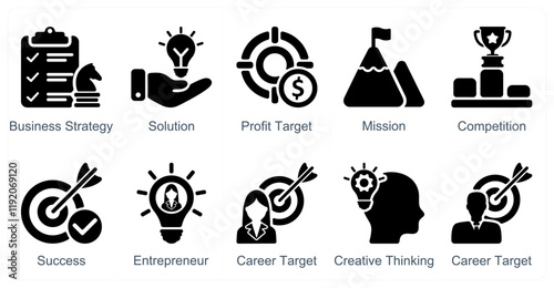 A set of 10 business icons as business startegy, solution, profit target