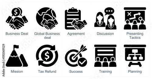 A set of 10 business icons as business deal, global business deal, agreemen