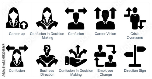 A set of 10 business icons as career up, confusion, career vision