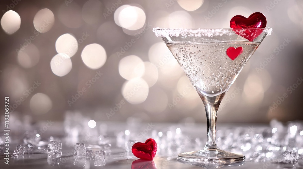 Obraz premium sophisticated cocktail scene with frost-kissed martini glass, effervescent clear liquid, vibrant red heart accents, ethereal bokeh lighting effects, pearlescent gray background, luxury beverage