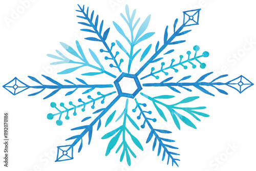 Watercolor snowflake, blue and turquoise gradient, delicate branches, hexagonal symmetry, winter motif, crystalline structure, icy tones, frosty design, hand-painted effect, transparent layers, whimsi