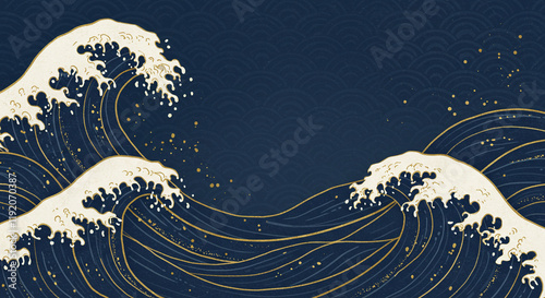 浮世絵風の波、和風背景素材