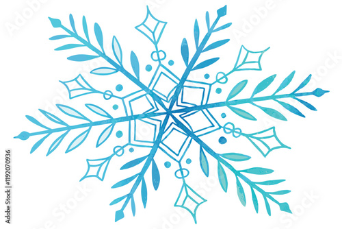 Watercolor snowflake, blue and turquoise gradient, delicate branches, hexagonal symmetry, winter motif, crystalline structure, icy tones, frosty design, hand-painted effect, transparent layers, whimsi