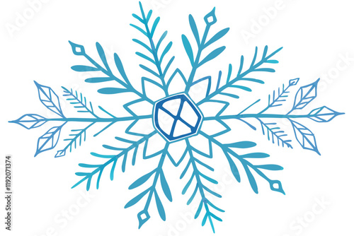 Watercolor snowflake, blue and turquoise gradient, delicate branches, hexagonal symmetry, winter motif, crystalline structure, icy tones, frosty design, hand-painted effect, transparent layers, whimsi