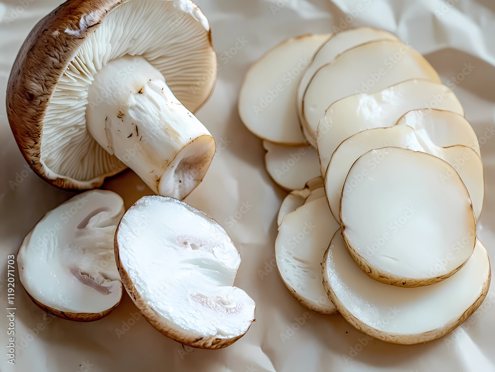 A mushroom is cut in half and placed next to a pile of mushroom slices A mushroom is cut in half and placed next to a pile of mushroom slices