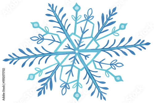 Watercolor snowflake, blue and turquoise gradient, delicate branches, hexagonal symmetry, winter motif, crystalline structure, icy tones, frosty design, hand-painted effect, transparent layers, whimsy