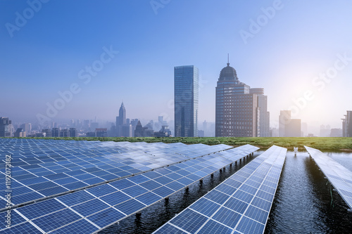 Modern Urban Energy Solutions: Solar Panels in a Vibrant City Setting photo