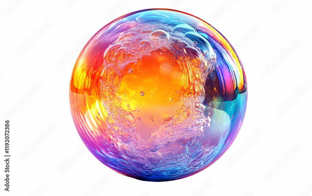 Iridescent water sphere, swirling, abstract, white background, design element Iridescent water sphere, swirling, abstract, white background, design element