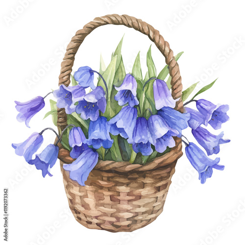 A watercolor drawing of a bluebell bouquet in a basket, isolated on a white background. Bluebell Bouquet vector.
