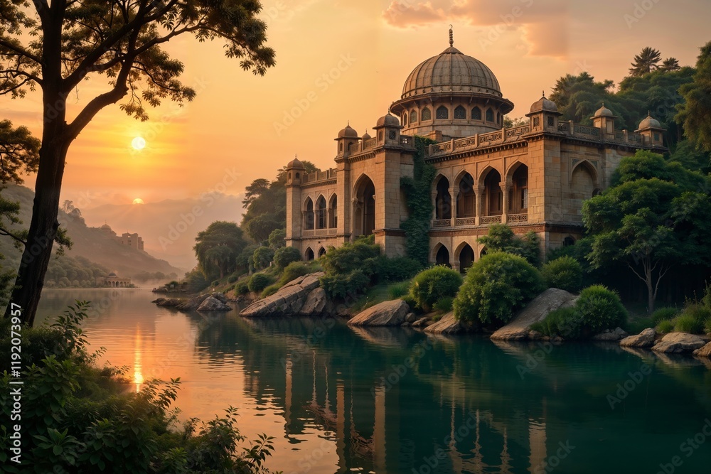 Obraz premium A Majestic Stone Building With A Dome And Arched Windows Stands Amidst Lush Greenery On The Banks Of A Serene Lake