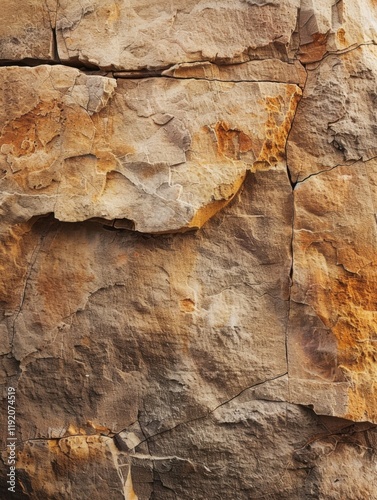A Close-Up View of Rugged and Weathered Rock Formation in Earth Tones, Showing the Texture and Cracks of a Natural Stone Surface