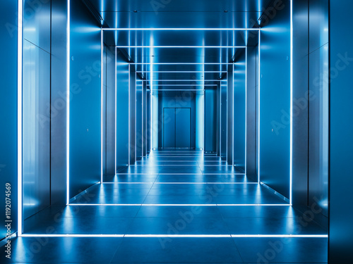 Futuristic indoor modern building Blue light line perspective hall Architecture details