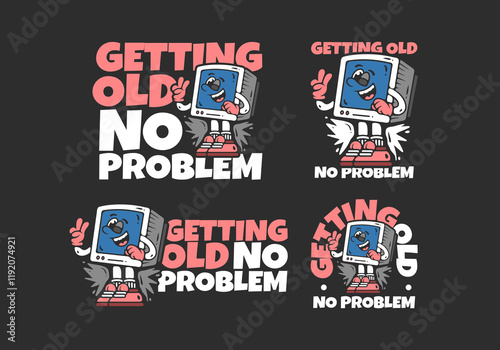 Getting old no problem. Box monitor character with happy expression, illustration