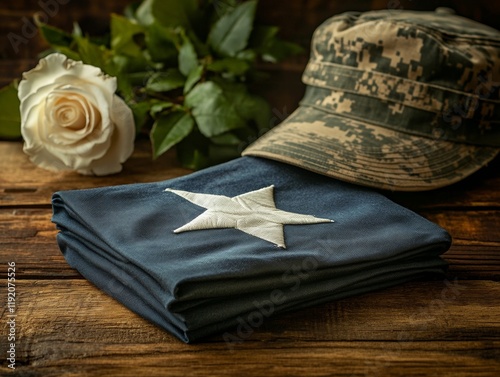 Heritage Remembrance Display Folded American Flag on Rustic Wood with Military Cap and Rose - Emotional Branding and Patriotic Event Merchandising photo