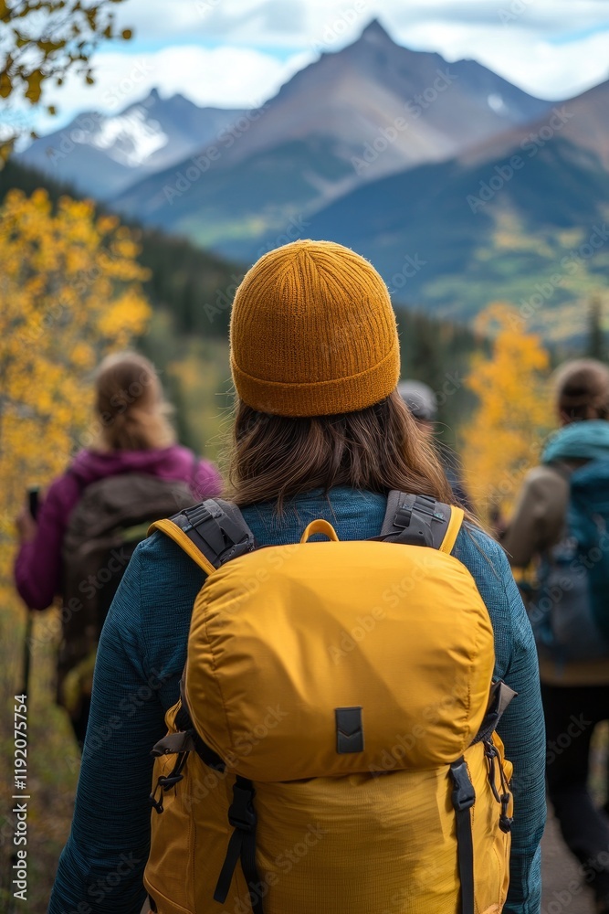 A woman wearing an amber hat and yellow backpack is seen from behind, with other hikers in the background. The scene takes place outdoors in the autumn. A woman wearing an amber hat and yellow backpack is seen from behind, with other hikers in the background. The scene takes place outdoors in the autumn.