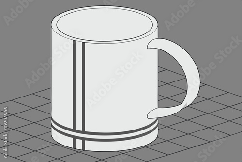 White ceramic mug, simple design, cylindrical shape, smooth surface, plain handle, 3D render, studio lighting, gray background, grid pattern floor, minimalist aesthetic, product photography, high deta