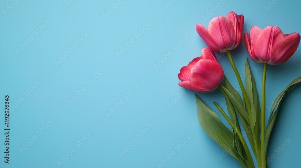 Fototapeta premium Pink Tulips on Blue: A trio of vibrant pink tulips arranged artfully on a serene blue background. The delicate blooms and soft color palette create a feeling of calm and springtime freshness.