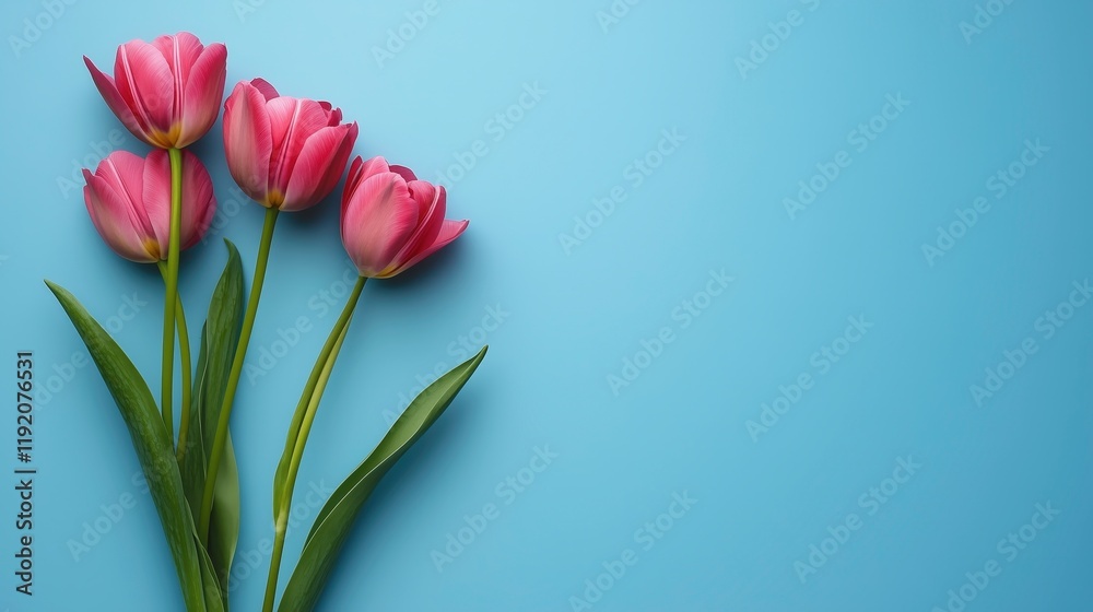 Pink Tulips on Blue Background: A simple yet elegant arrangement of pink tulips with vibrant green stems arranged on a light blue background. The image creates a serene and cheerful ambiance. Pink Tulips on Blue Background: A simple yet elegant arrangement of pink tulips with vibrant green stems arranged on a light blue background. The image creates a serene and cheerful ambiance.
