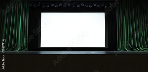 Blank advertising screen framed by a green curtain on a black stage for mockups.