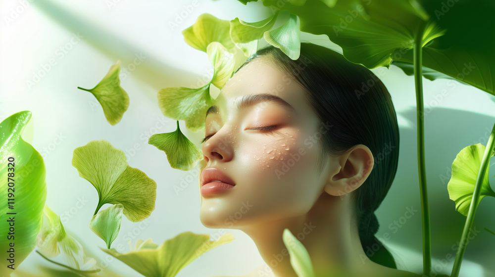Soft Elegance: Dewy Skin Model with Floating Ginkgo Biloba Extracts, Generative AI Soft Elegance: Dewy Skin Model with Floating Ginkgo Biloba Extracts, Generative AI