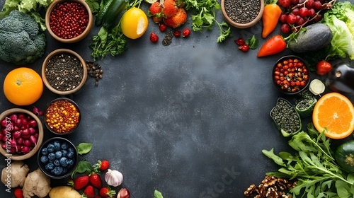 Vibrant Fresh Produce Arranged Around Dark Background photo