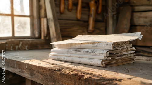 stack of blueprints on rustic wooden table in workshop photo