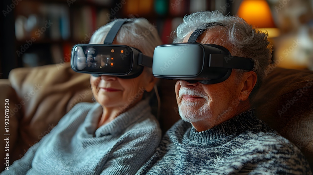 Bright home setting showing a senior couple using VR glasses for an immersive AI experience Bright home setting showing a senior couple using VR glasses for an immersive AI experience