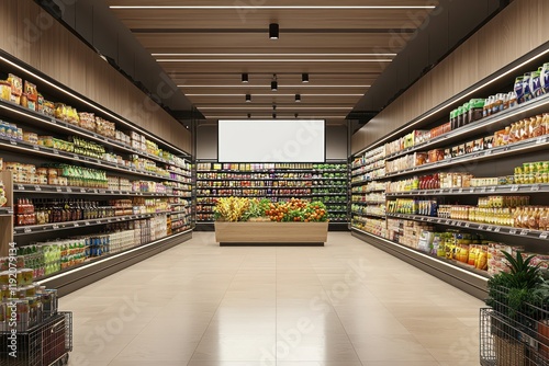 Detailed store interior with neat shelving units and blank ad boards for mockups.