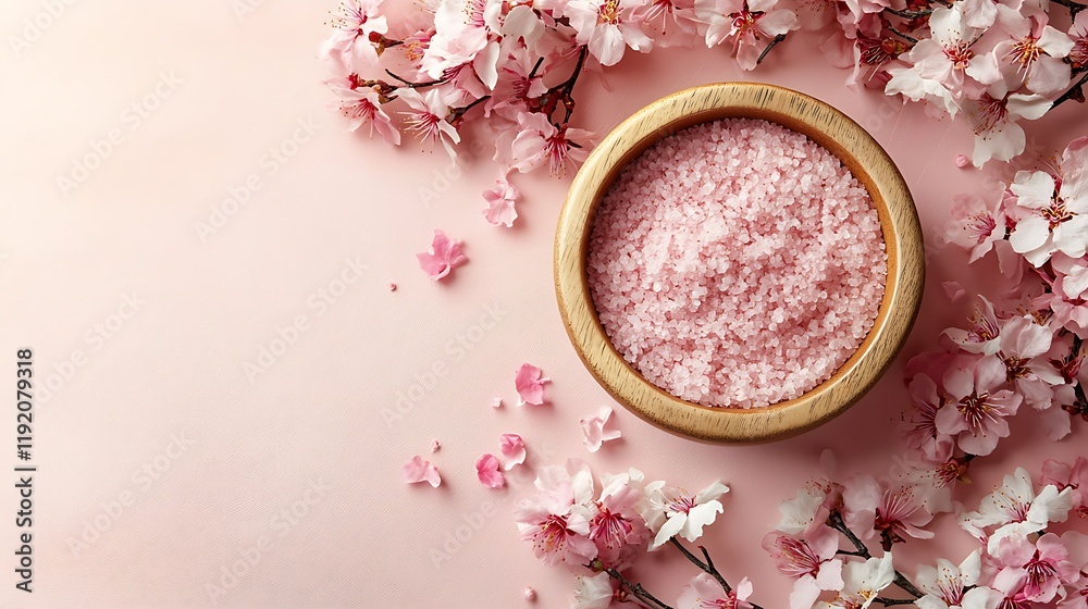 Pink Himalayan salt bath, cherry blossoms, spa day, relaxation Pink Himalayan salt bath, cherry blossoms, spa day, relaxation