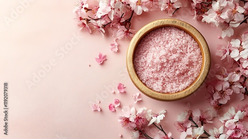 Pink Himalayan salt bath, cherry blossoms, spa day, relaxation