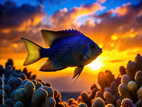 Underwater cocoa damselfish silhouette: a Stegastes variabilis juvenile against vibrant coral. photo