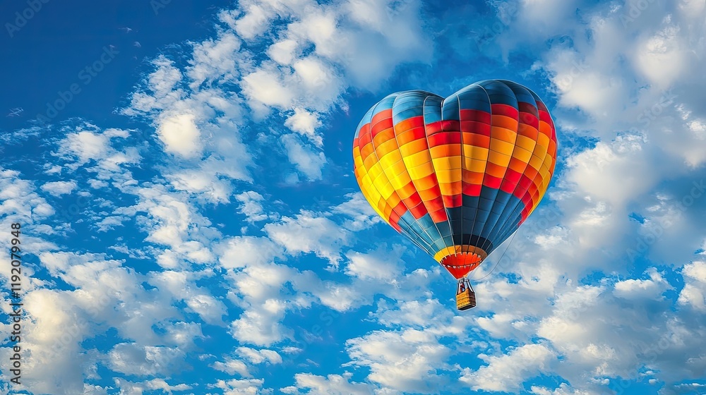 Fototapeta premium Heart-Shaped Hot Air Balloon Soaring Through a Vibrant Blue Sky with Fluffy Clouds for Romantic and Dreamy Themes