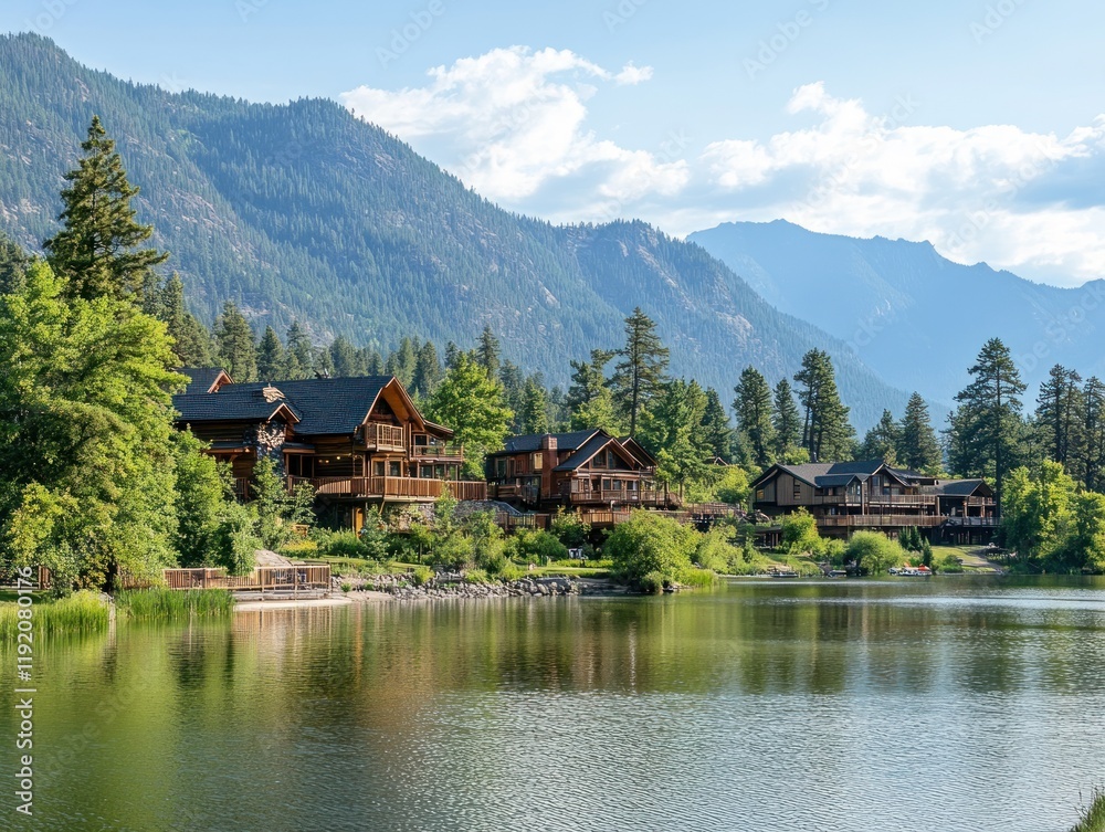 Idyllic Lakeside Log Cabins nestled in Mountains on a Sunny Day Serene Landscape Idyllic Lakeside Log Cabins nestled in Mountains on a Sunny Day Serene Landscape
