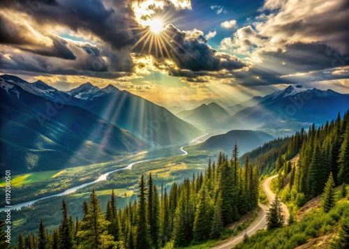 Vintage photography captures Mount Revelstoke's breathtaking sunlit valleys; a timeless timelapse. photo