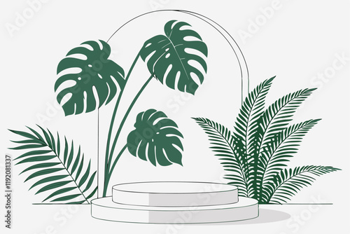 White product podium, tropical green leaves, monstera, fern, minimalist display, clean background, 3D rendering, product showcase, botanical elements, modern design, soft shadows, crisp details, vibra
