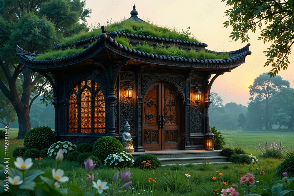 A Serene And Harmonious Asian-Style Building With A Lush Green Roof Situated In A Picturesque Garden Setting A Serene And Harmonious Asian-Style Building With A Lush Green Roof Situated In A Picturesque Garden Setting