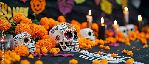 Day of the Dead Altar  Sugar Skulls  Marigolds  Candles photo