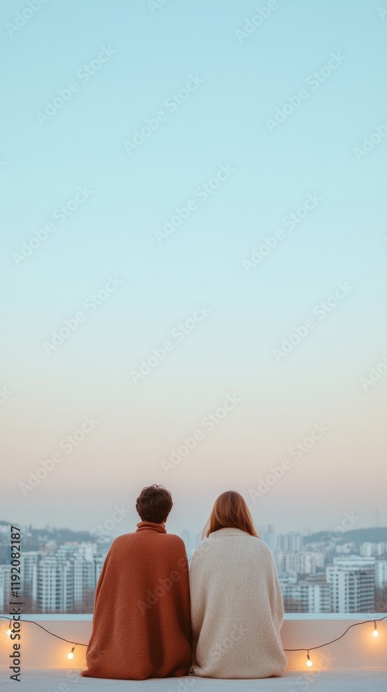 Fototapeta premium Couple Relaxation Couple Enjoying Urban Views on Rooftop at Dusk, City Skyline and Intimacy Highlighted