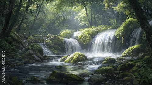 Lush Green Forest Waterfall Scene with Gentle Flowing Water, Vibrant Foliage, Sunlight Filtering Through Trees in a Serene Natural Setting