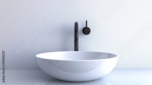 Modern white sink with black faucet. Ideal for minimalist bathroom designs and home decor websites. photo